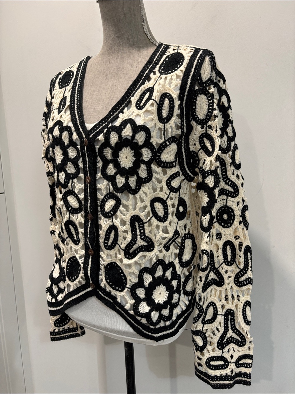 Crochet Cardigan Black Cream Floral Boho Festival S/M Sweater - Picture 5 of 14
